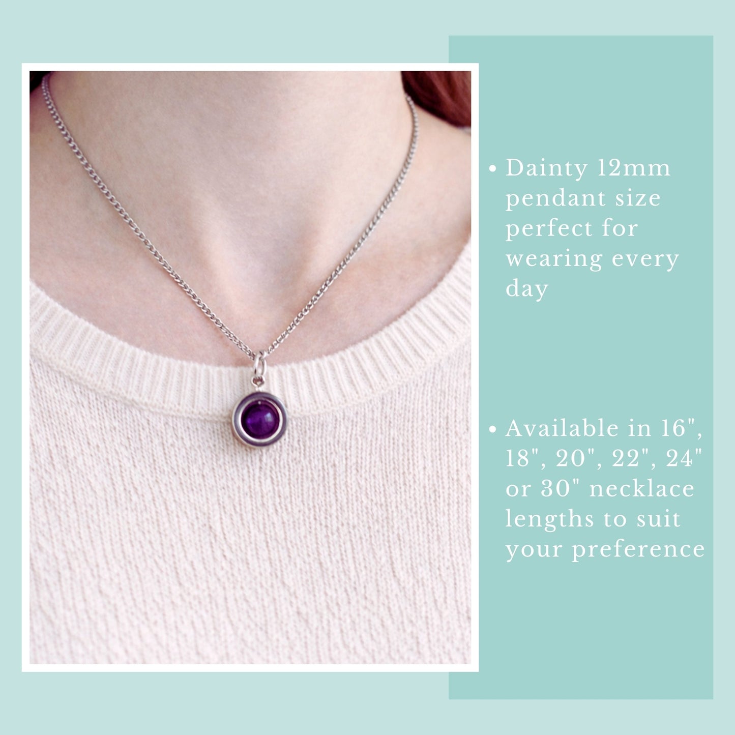 Necklace with a purple pendant worn by a person, on a light blue background with text about necklace length options.