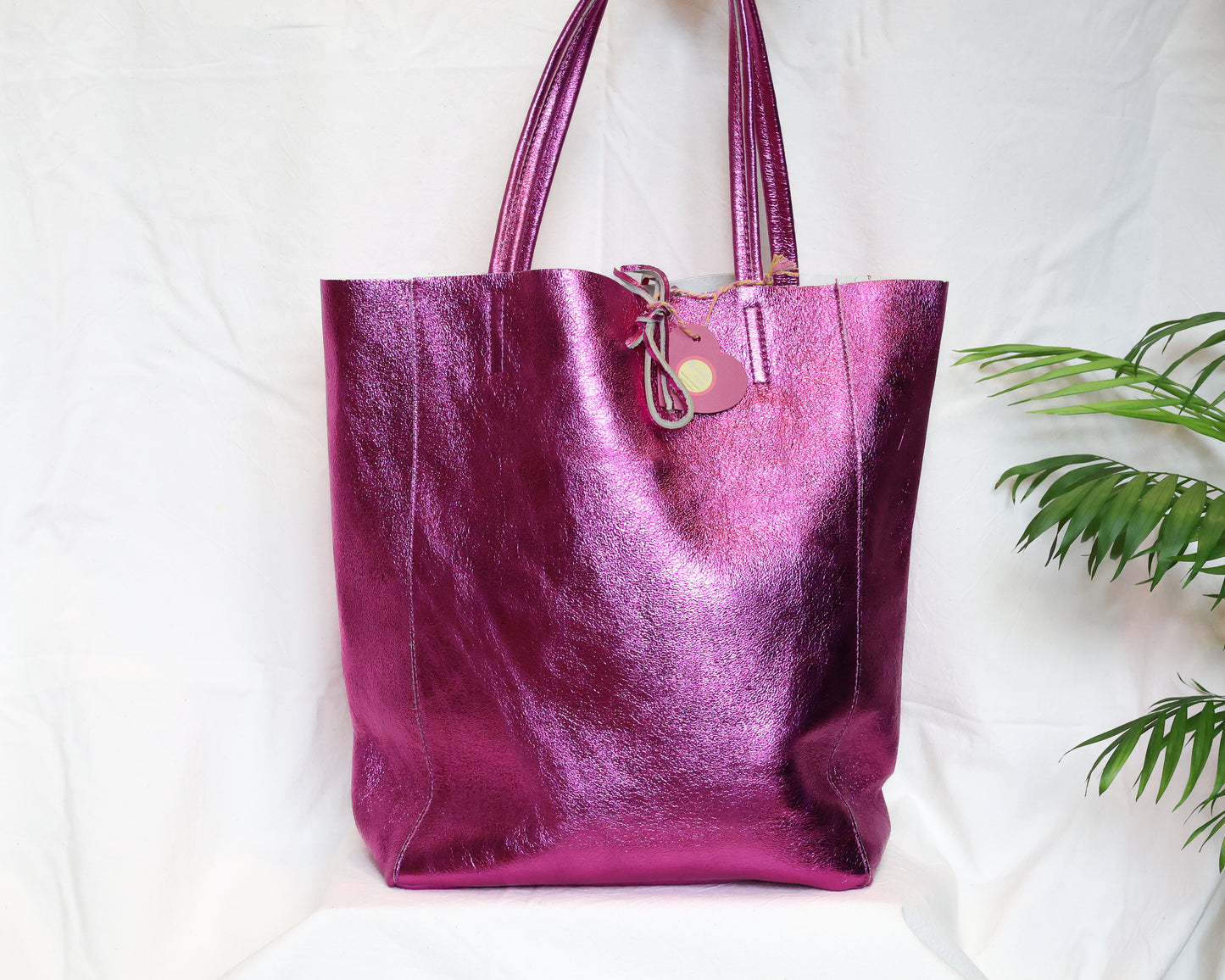 Raspberry Metallic Leather Tote Bag