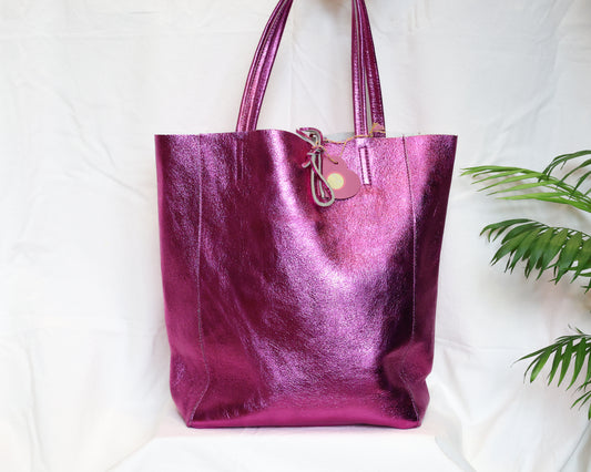 Raspberry Metallic Leather Tote Bag