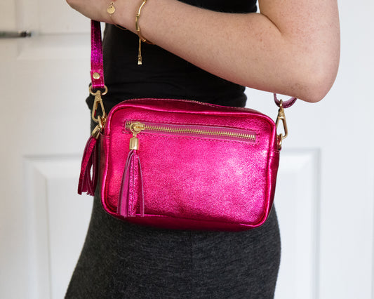 Raspberry Metallic Leather Crossbody Bag