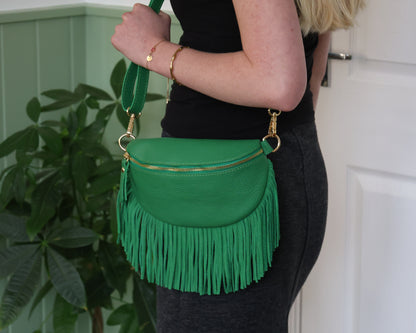 Green Leather Half Moon Fringed Bag