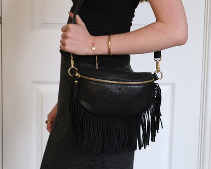 Black Leather Half Moon Fringed Bag