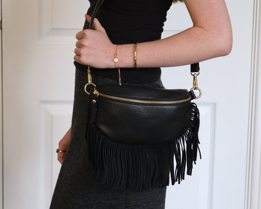 Black Leather Half Moon Fringed Bag
