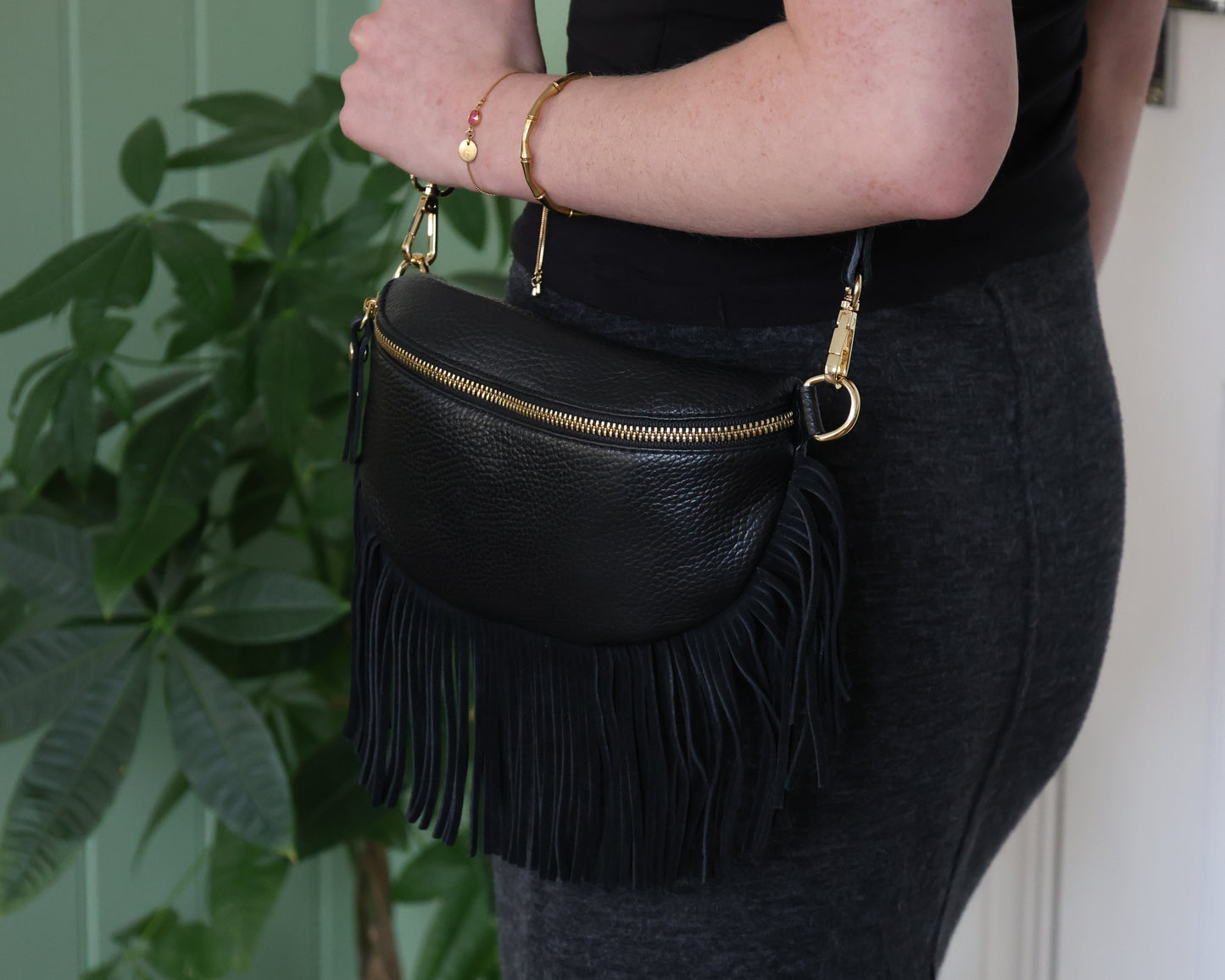 Black Leather Half Moon Fringed Bag