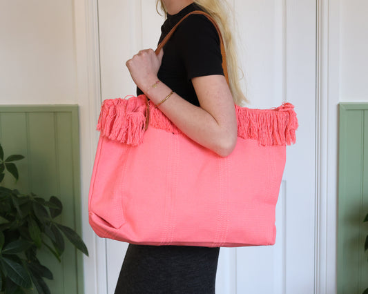 Fringed Cotton Rose Tote with Leather Handles