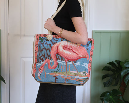 Pink Flamingo Rope Handle Bag