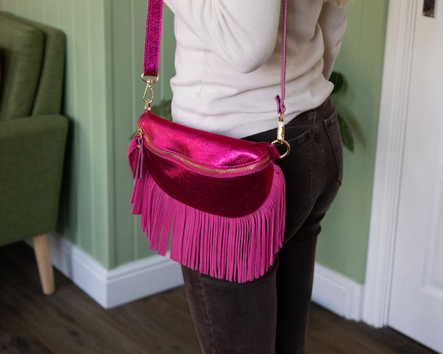 Romy Raspberry Metallic Leather Half Moon Fringed Bag