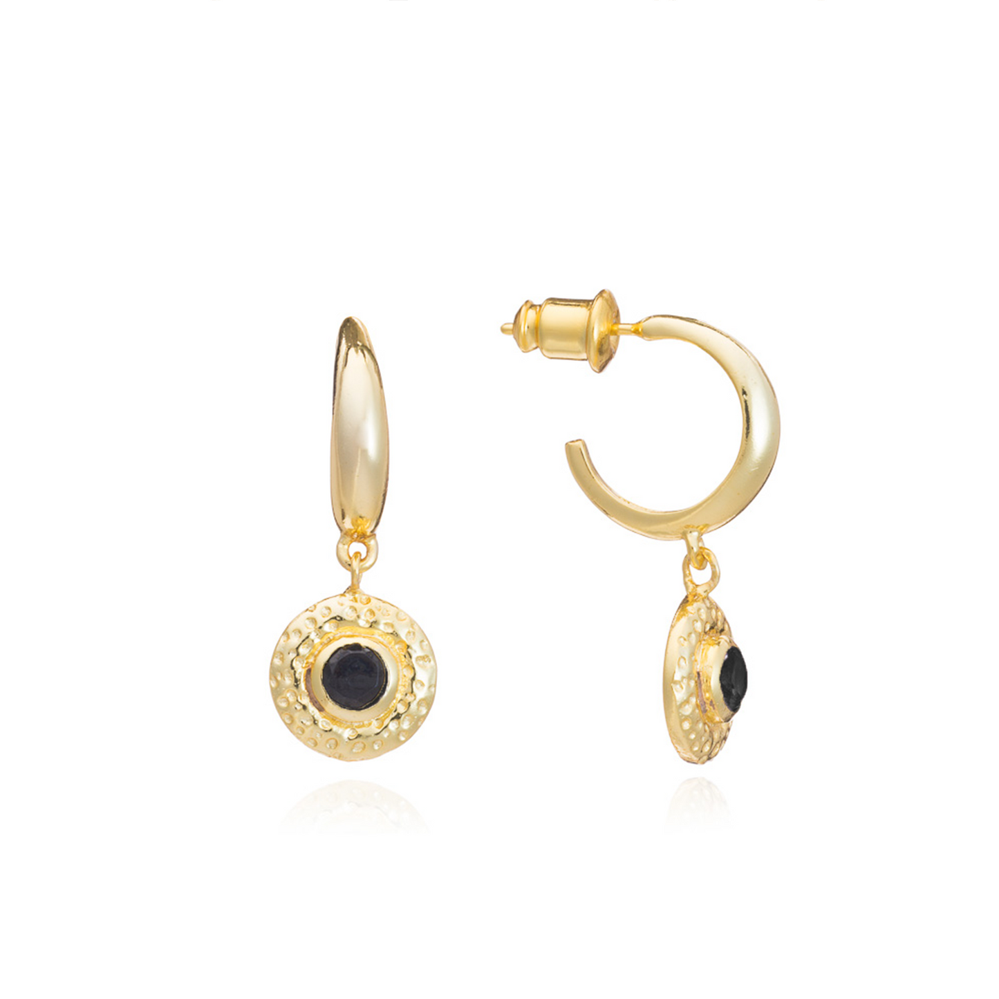 Gold hoop earrings with black stones on a white background
