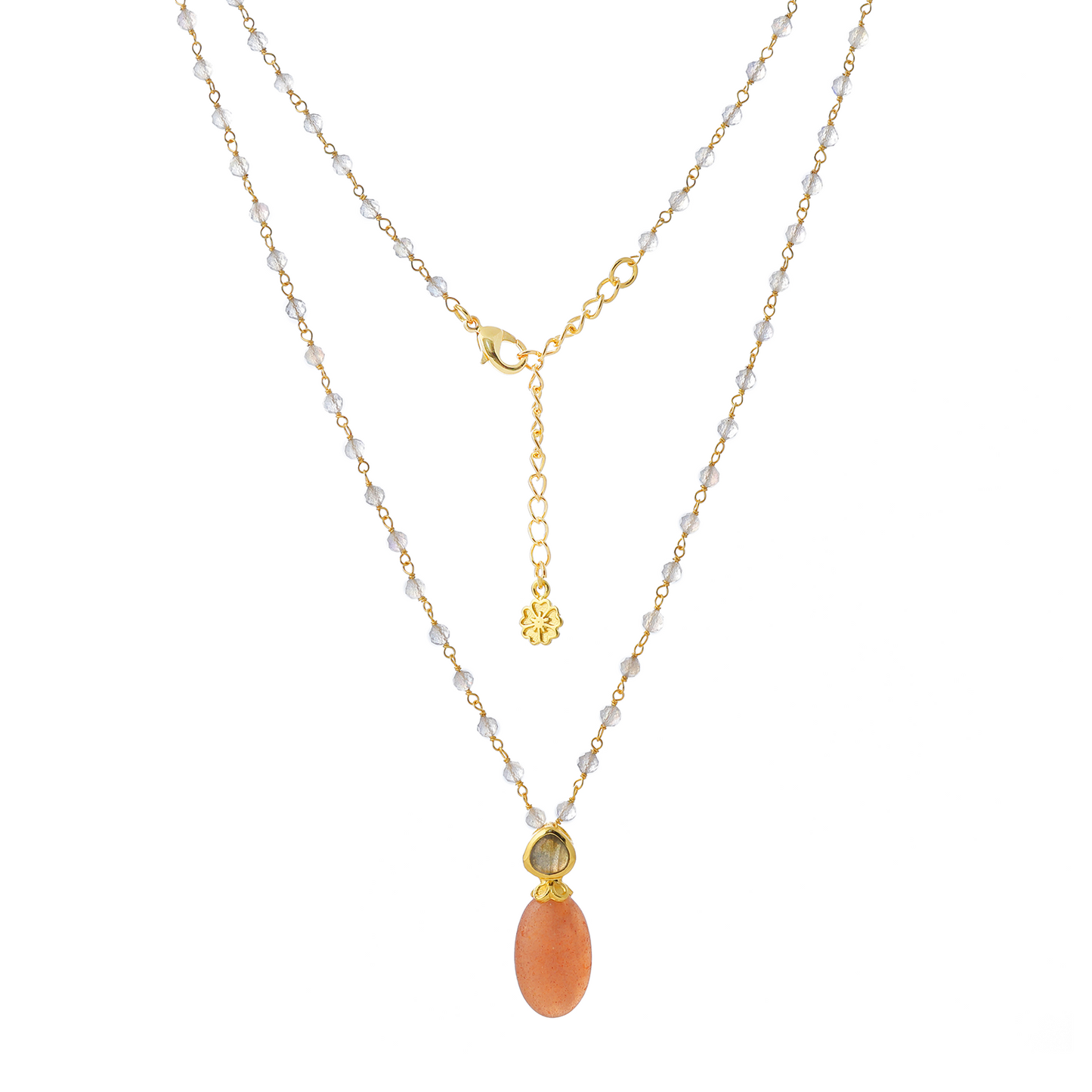 Persephone Double Gemstone Beaded Chain Necklace: Peach Moonstone & Labradorite