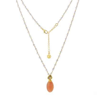 Persephone Double Gemstone Beaded Chain Necklace: Peach Moonstone & Labradorite