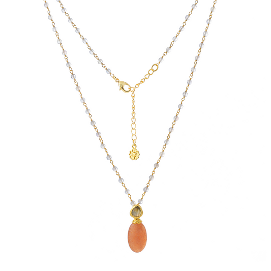 Persephone Double Gemstone Beaded Chain Necklace: Peach Moonstone & Labradorite