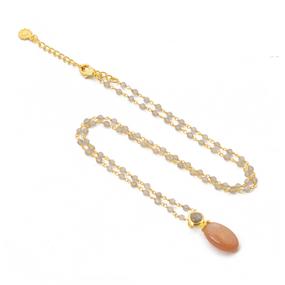 Persephone Double Gemstone Beaded Chain Necklace: Peach Moonstone & Labradorite