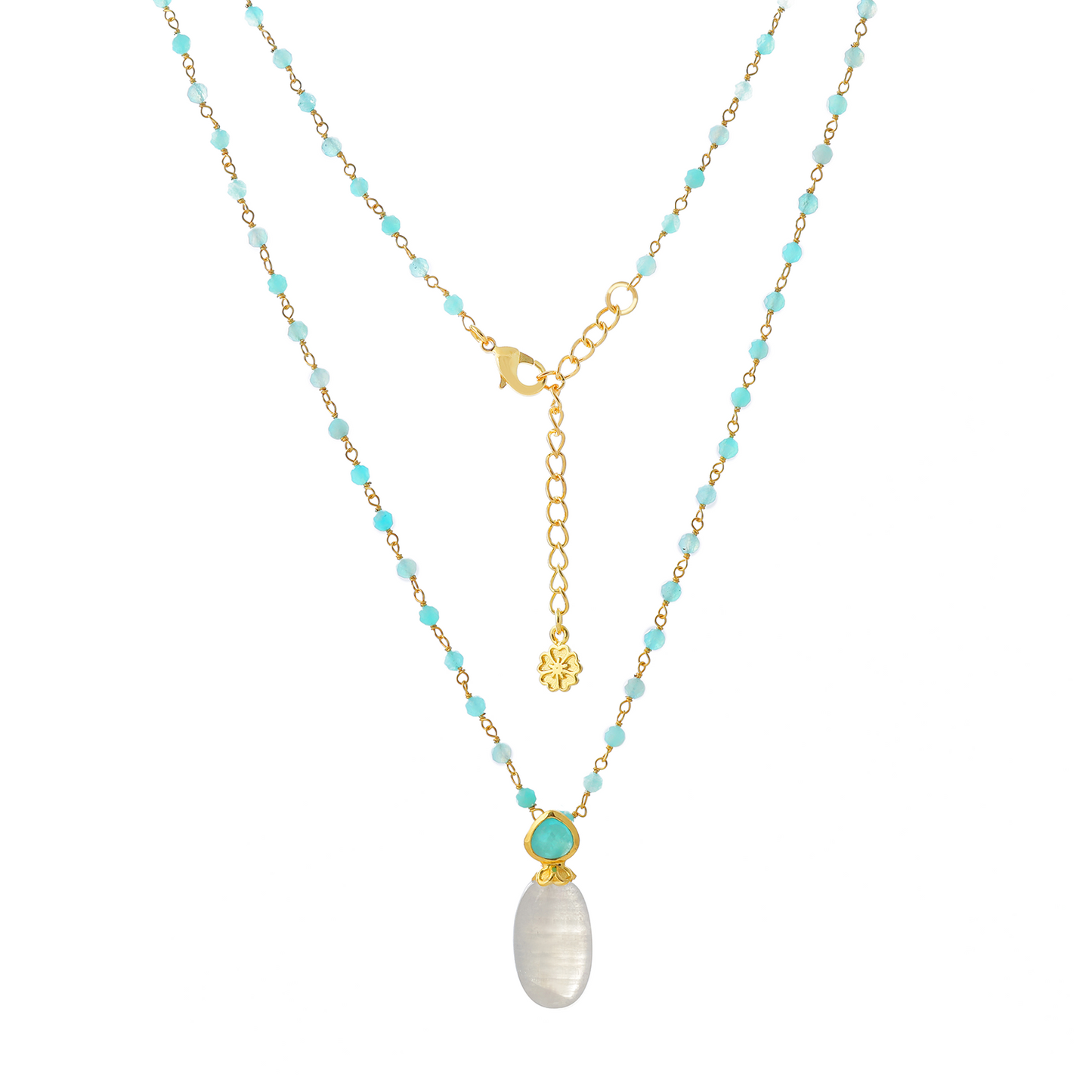 Two necklaces with turquoise beads and a pearl pendant on a white background