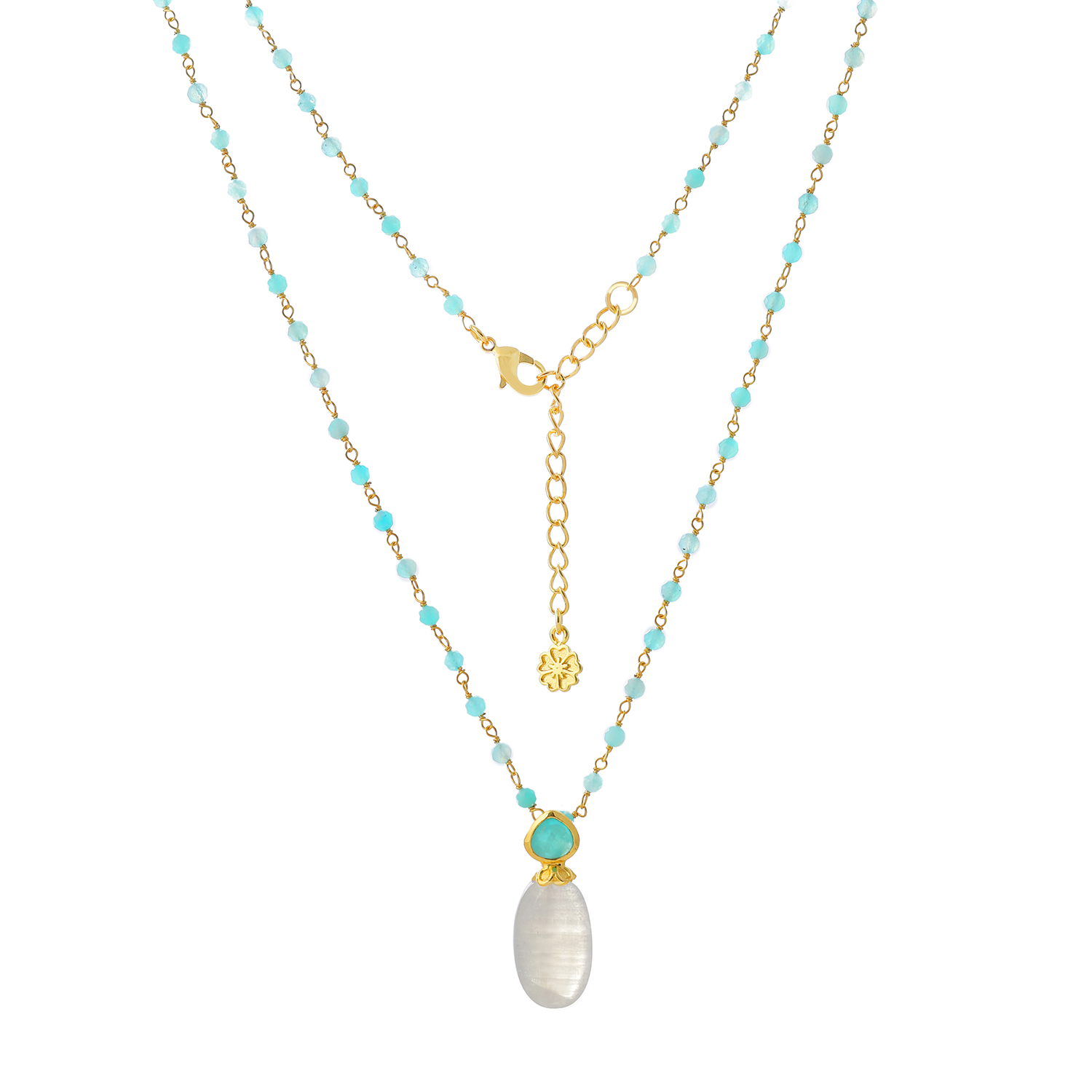 Two necklaces with turquoise beads and a pearl pendant on a white background