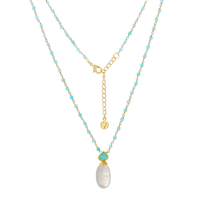 Two necklaces with turquoise beads and a pearl pendant on a white background