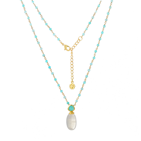 Two necklaces with turquoise beads and a pearl pendant on a white background