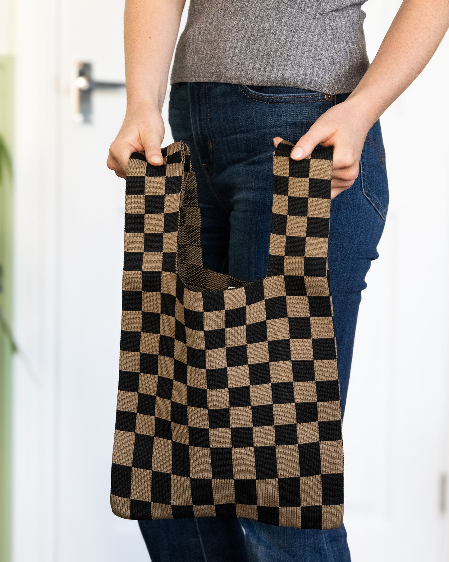 Black & Mocha Checked Stretchy Knitted Tote – Stylish And Expandable