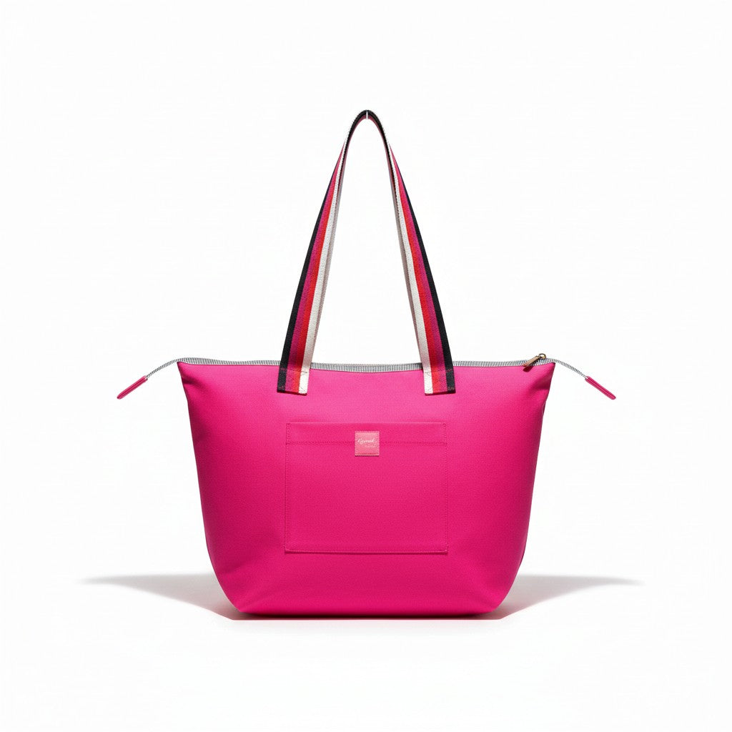 Berry Riot shoulder tote in bright pink cotton twill with pink, red, cream and black striped handles and a front pocket with a pink Apricot Moon label, front view studio shot, handmade in Dorset