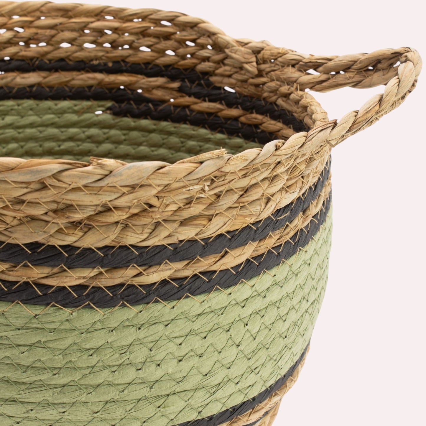 Natural, Black & Green Cotton & Seagrass Baskets - Set of 3
