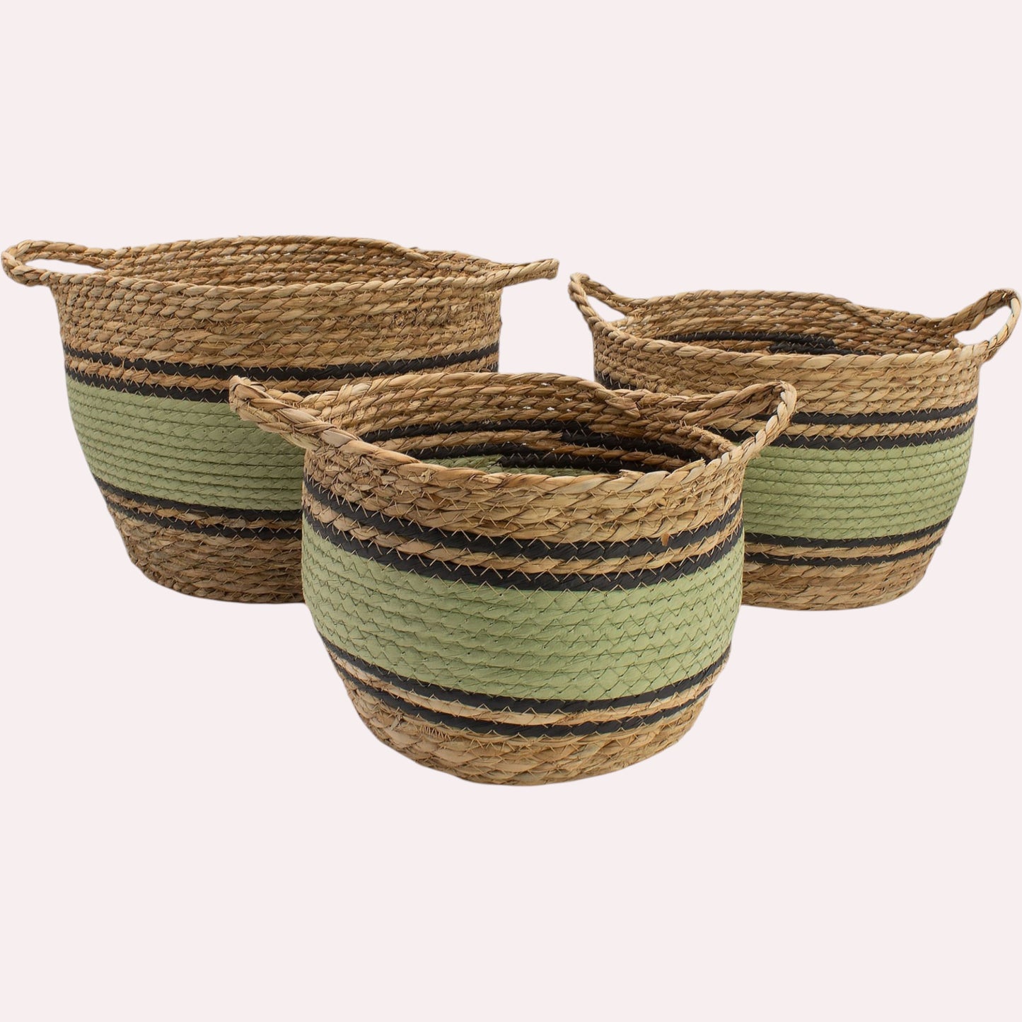 Natural, Black & Green Cotton & Seagrass Baskets - Set of 3