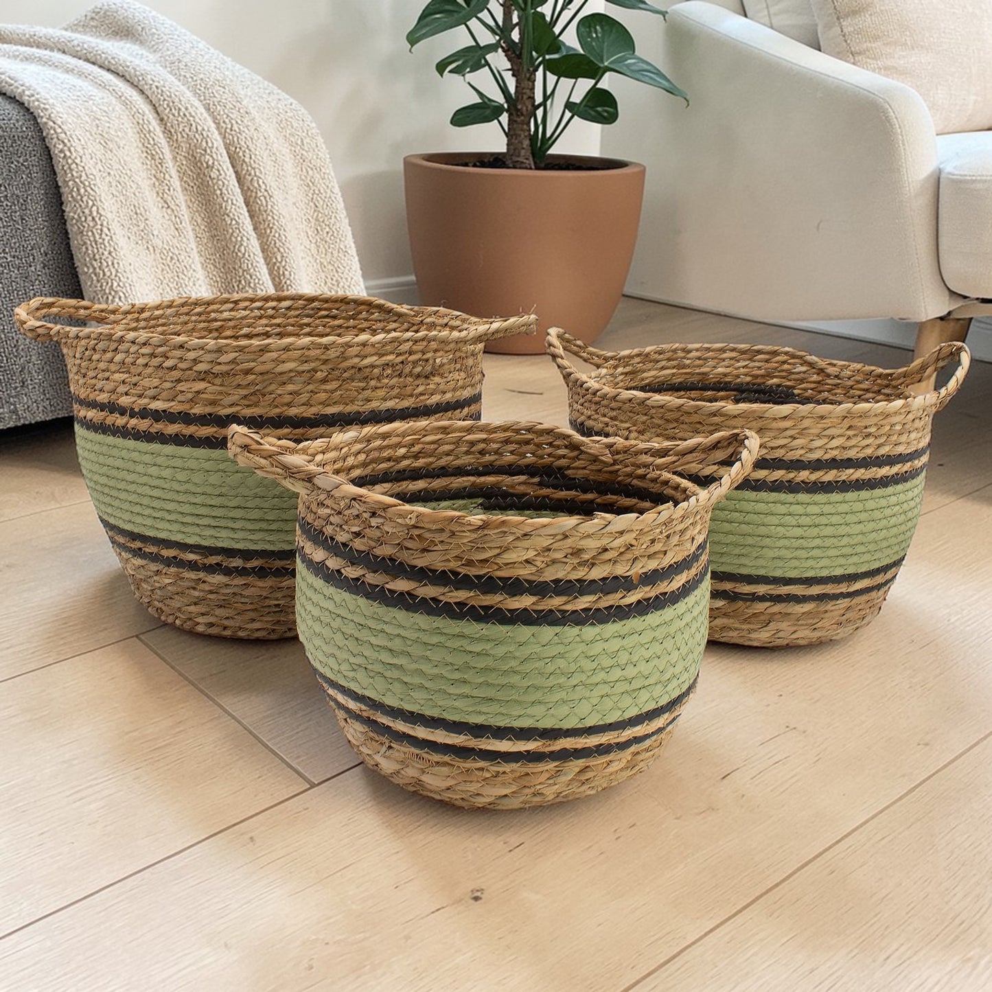 Natural, Black & Green Cotton & Seagrass Baskets - Set of 3