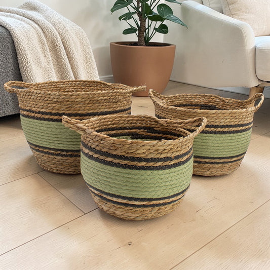 Natural, Black & Green Cotton & Seagrass Baskets - Set of 3
