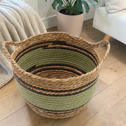 Natural, Black & Green Cotton & Seagrass Baskets - Set of 3