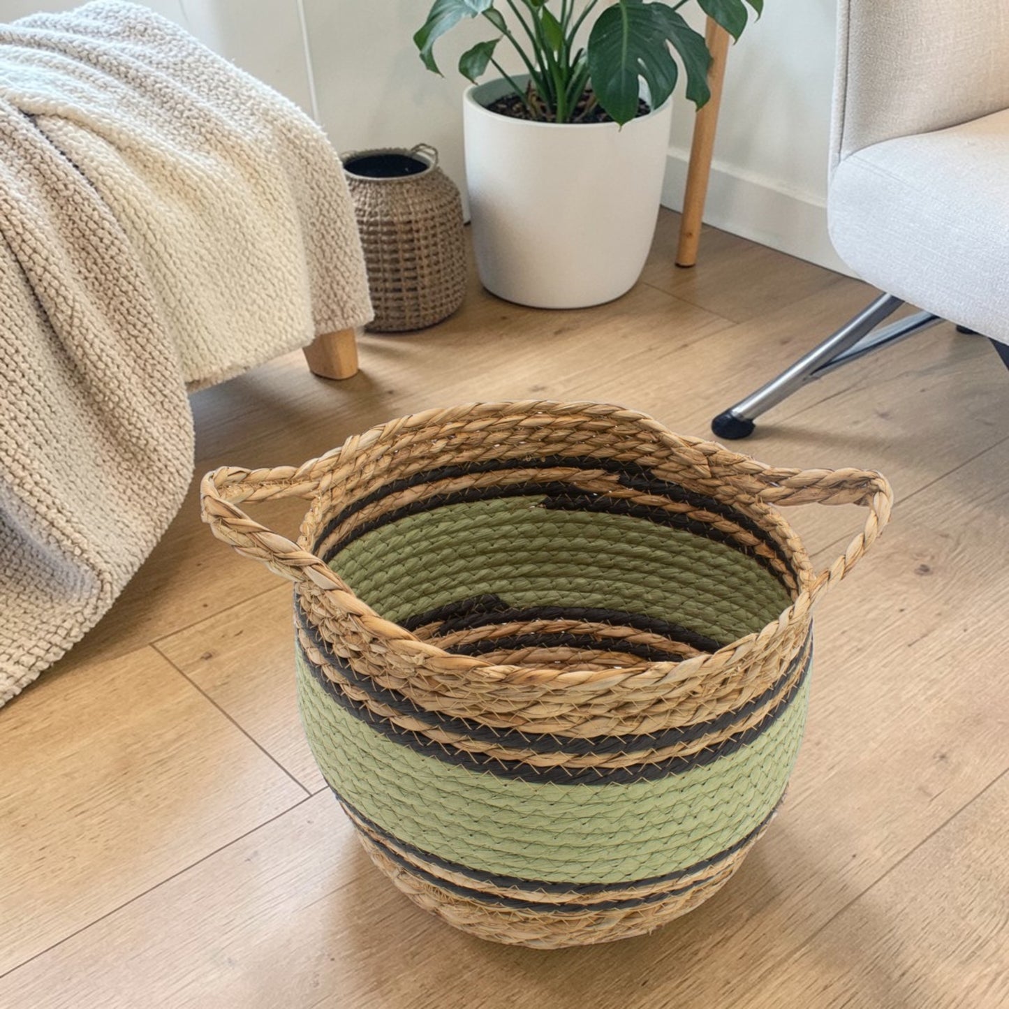 Natural, Black & Green Cotton & Seagrass Baskets - Set of 3