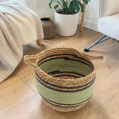 Natural, Black & Green Cotton & Seagrass Baskets - Set of 3