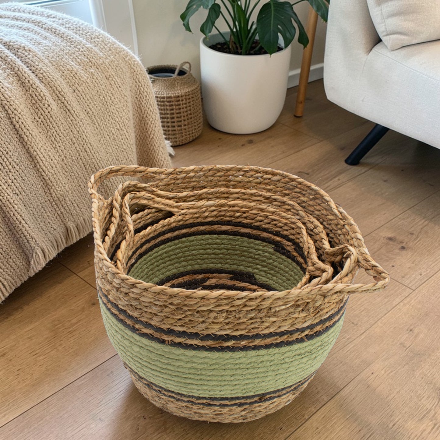 Natural, Black & Green Cotton & Seagrass Baskets - Set of 3