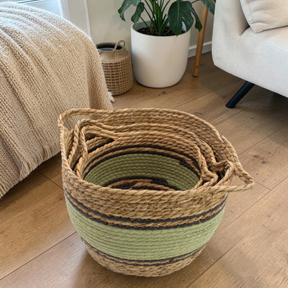 Natural, Black & Green Cotton & Seagrass Baskets - Set of 3