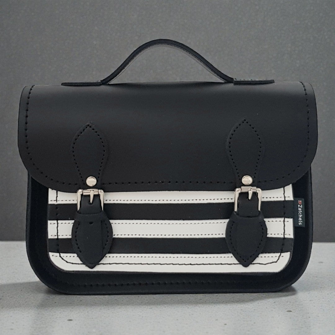 Leather Midi Satchel - Black & White Gothic Striped