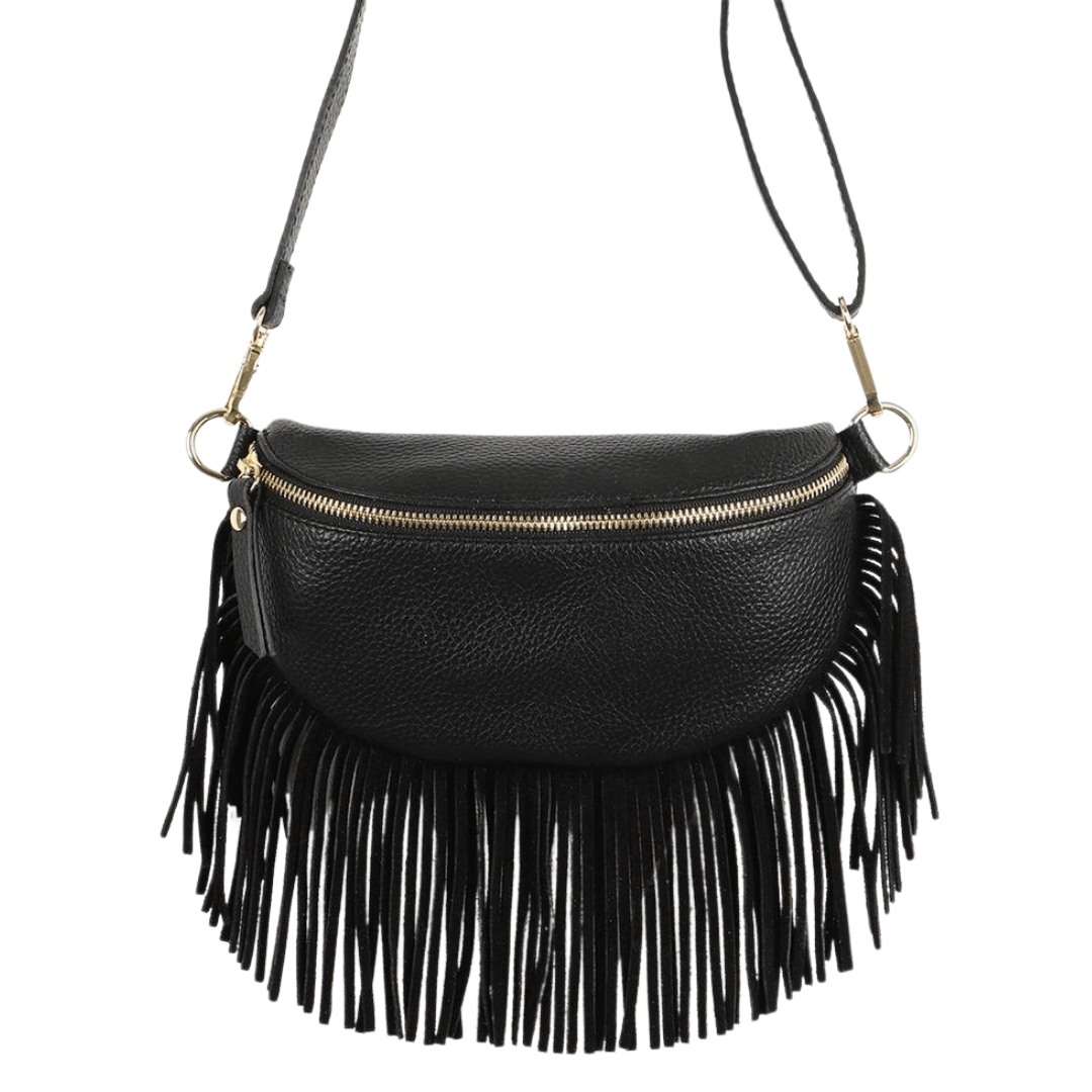Romy Black Leather Half Moon Fringed Bag
