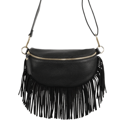 Romy Black Leather Half Moon Fringed Bag