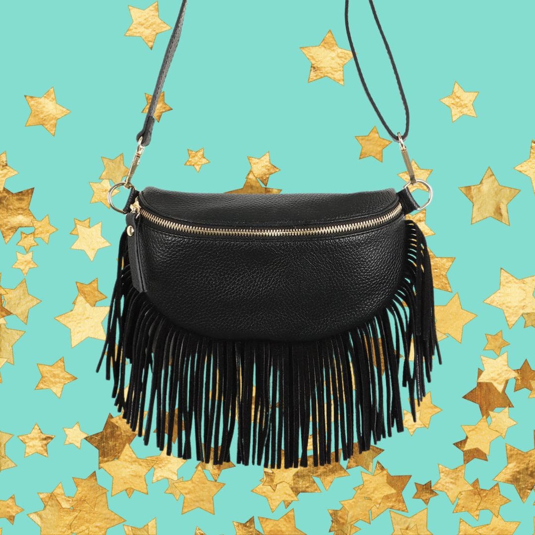 Romy Black Leather Half Moon Fringed Bag