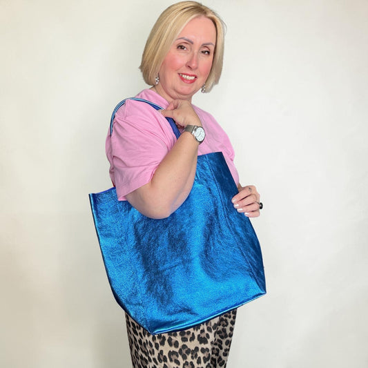 Camille Blue Metallic Italian Leather Tote Bag