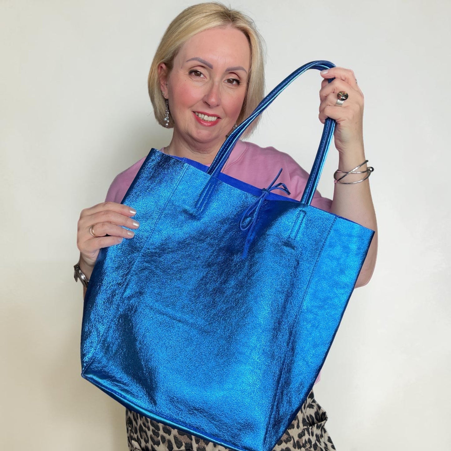 Camille Blue Metallic Italian Leather Tote Bag