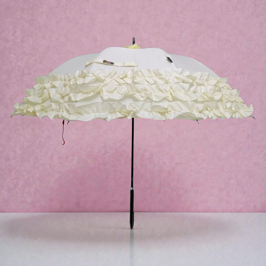 Boutique Triple Frill Stick Auto Umbrella:  Beige