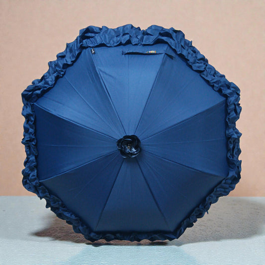 Boutique Triple Frill Stick Auto Umbrella: Navy