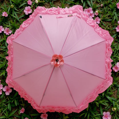 Boutique Triple Frill Stick Auto Umbrella:  Pink