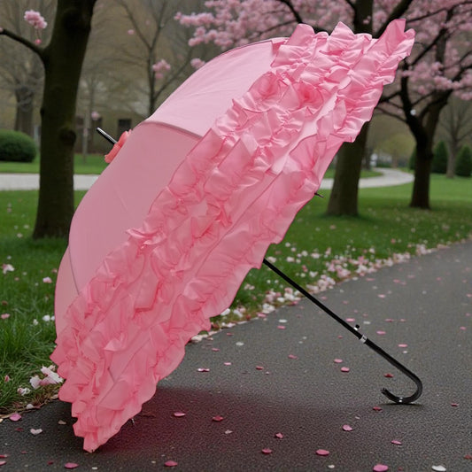 Boutique Triple Frill Stick Auto Umbrella:  Pink