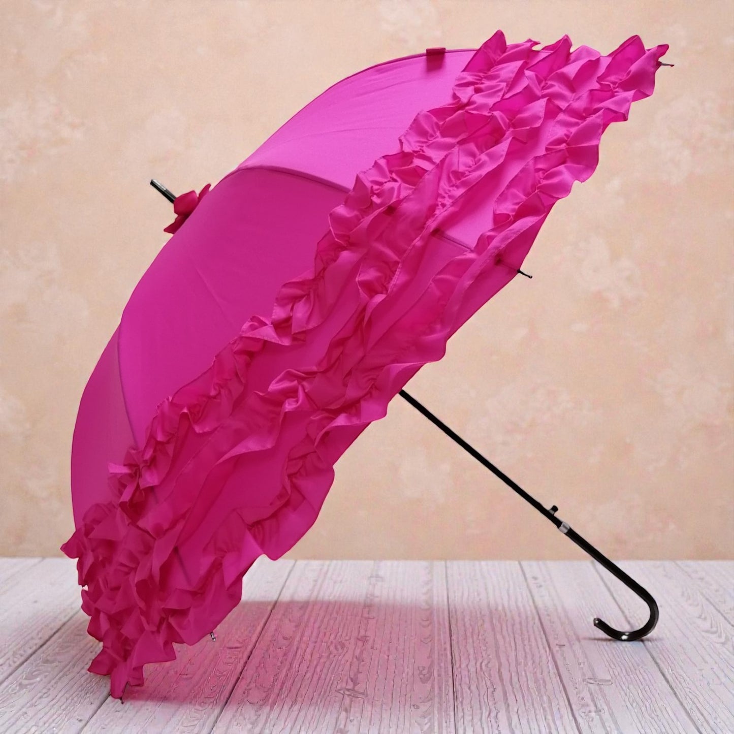 Boutique Triple Frill Stick Auto Umbrella: Rose Red