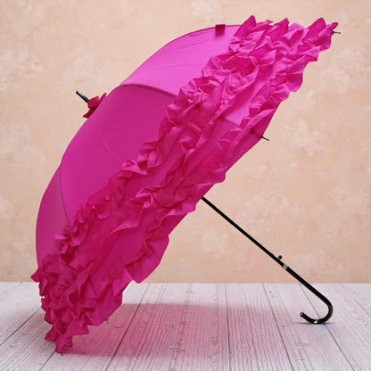 Boutique Triple Frill Stick Auto Umbrella: Rose Red