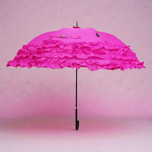 Boutique Triple Frill Stick Auto Umbrella: Rose Red