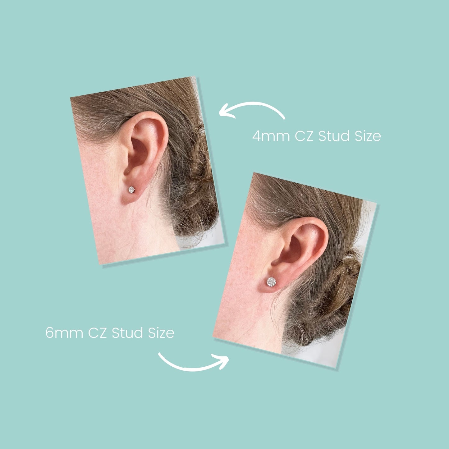 Two ear views showing 4mm and 6mm CZ stud earrings on a light blue background.