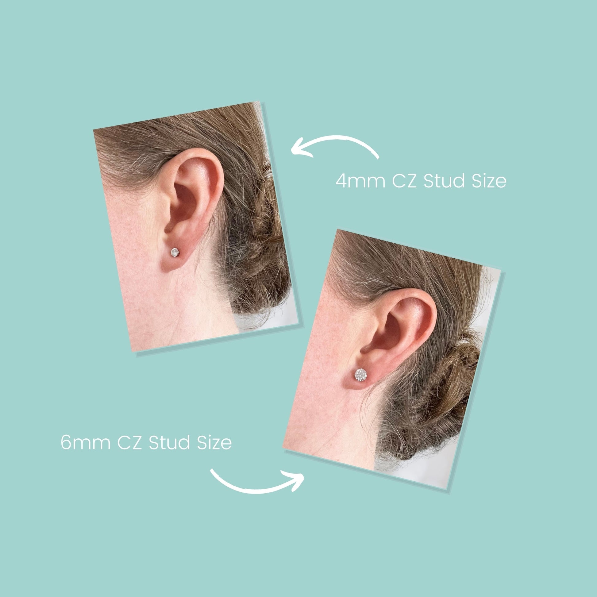 Two ear views showing 4mm and 6mm CZ stud earrings on a light blue background.