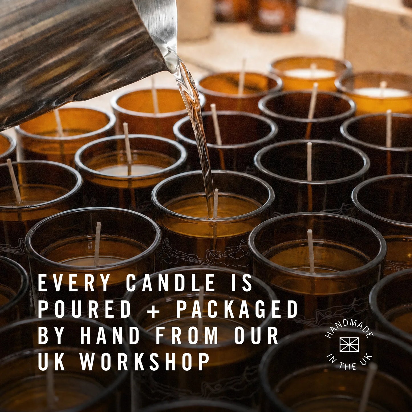 Candle-making process with candles being poured into molds, text indicating handcrafted in the UK.