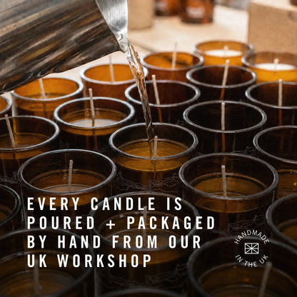 Candle-making process with candles being poured into molds, text indicating handcrafted in the UK.