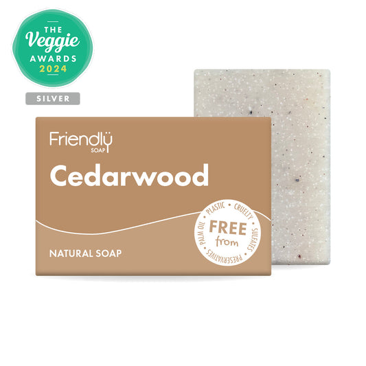 Friendly Soap Cedarwood bar with packaging and Veggie Awards 2024 silver badge on a white background