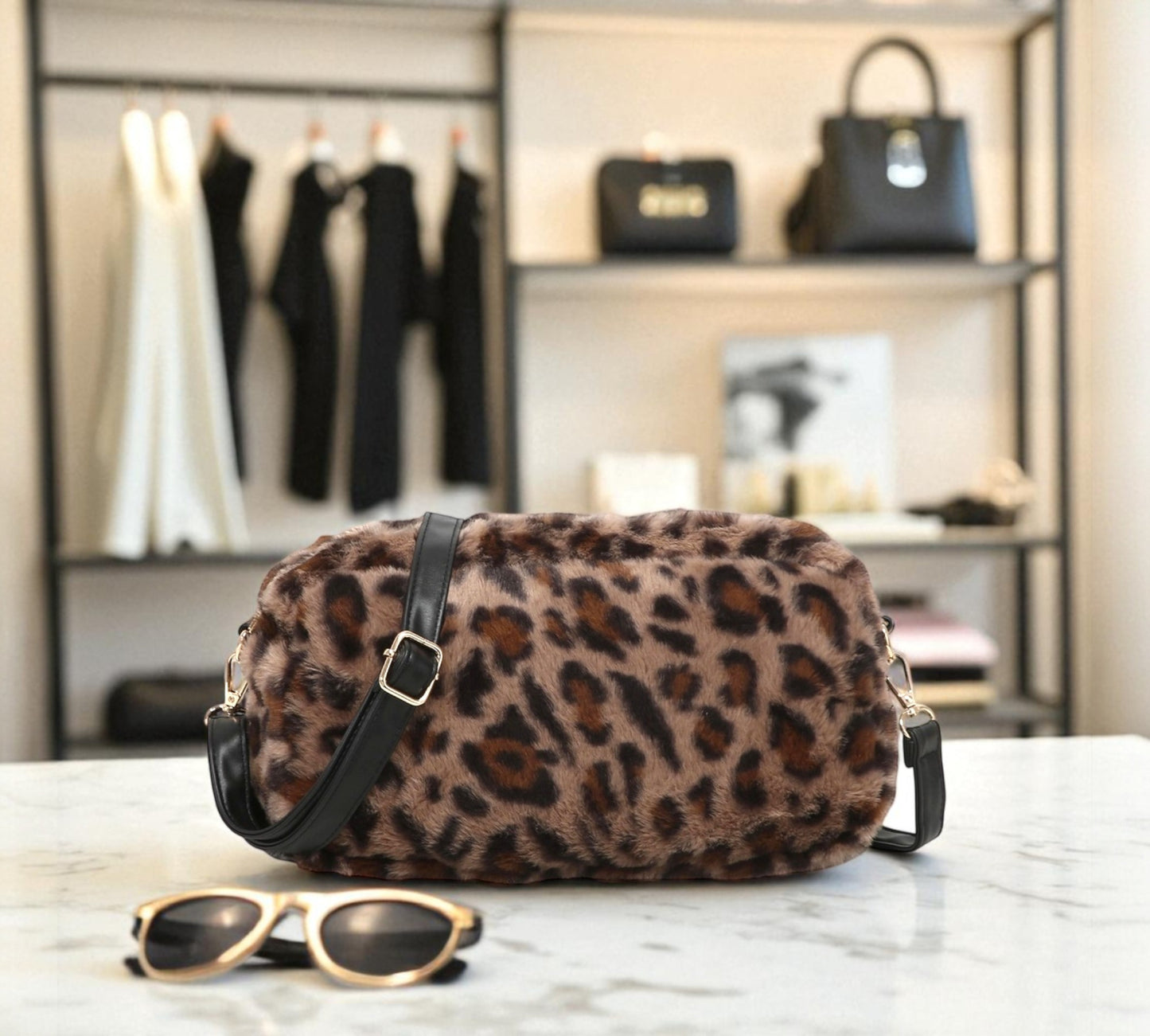 Coffee Leopard Faux Fur Crossbody Bag